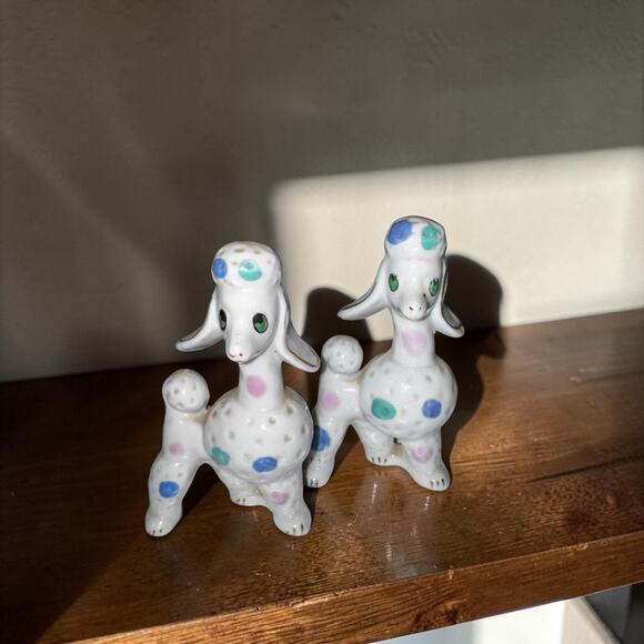 Vintage Japan Ceramic Poodle Figurines Pair White Pastel Polka Dot Green Eyes